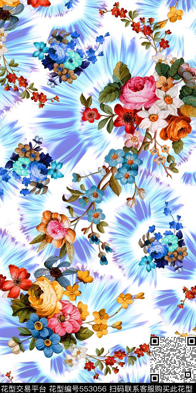 蓝白底花卉炫彩数码印花华亿平台下载（图片编号: 553056） - 瓦栏（Walan）