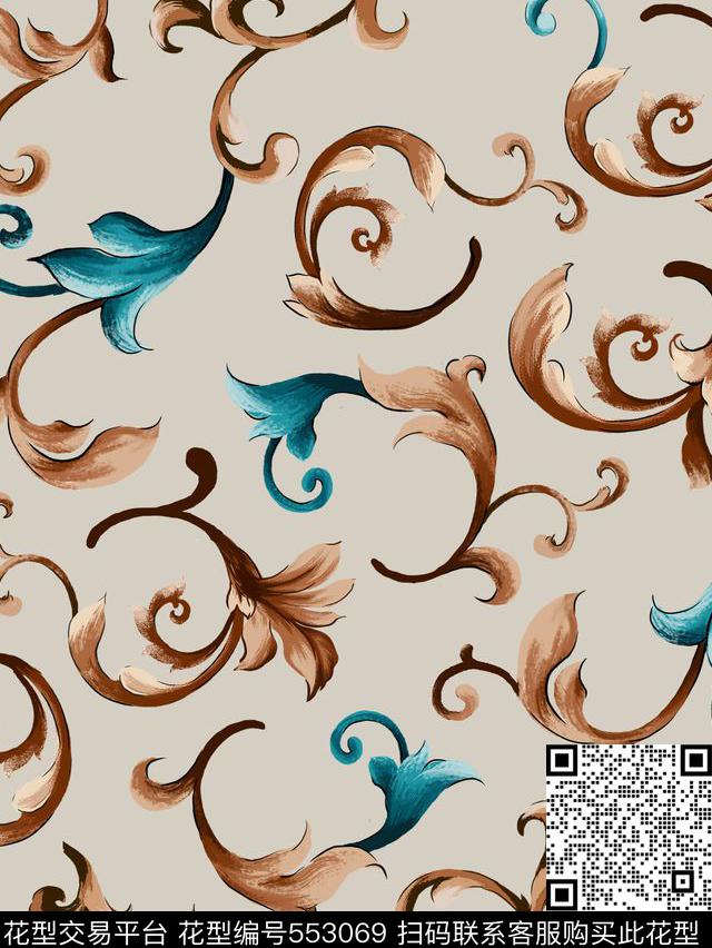 复古典雅卷叶草数码印花华亿平台下载（图片编号: 553069） - 瓦栏（Walan）