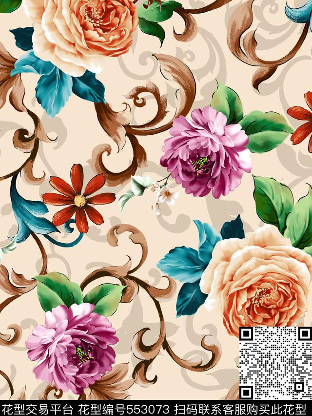 复古时尚花卉卷叶草纹传统印花华亿平台下载（图片编号: 553073） - 瓦栏（Walan）