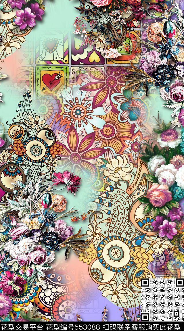 几何涂鸦色块数码印花华亿平台下载（图片编号: 553088） - 瓦栏（Walan）