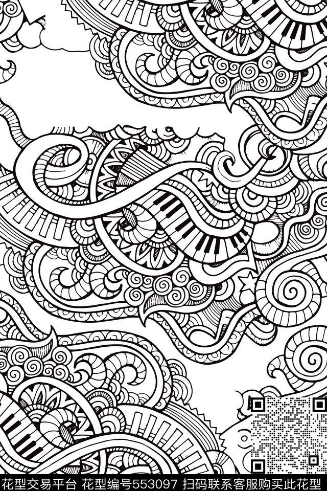 服装面料华亿平台手绘抽象几何线条休闲时尚抽象简洁大方黑白几何传统印花华亿平台下载（图片编号: 553097） - 瓦栏（Walan）