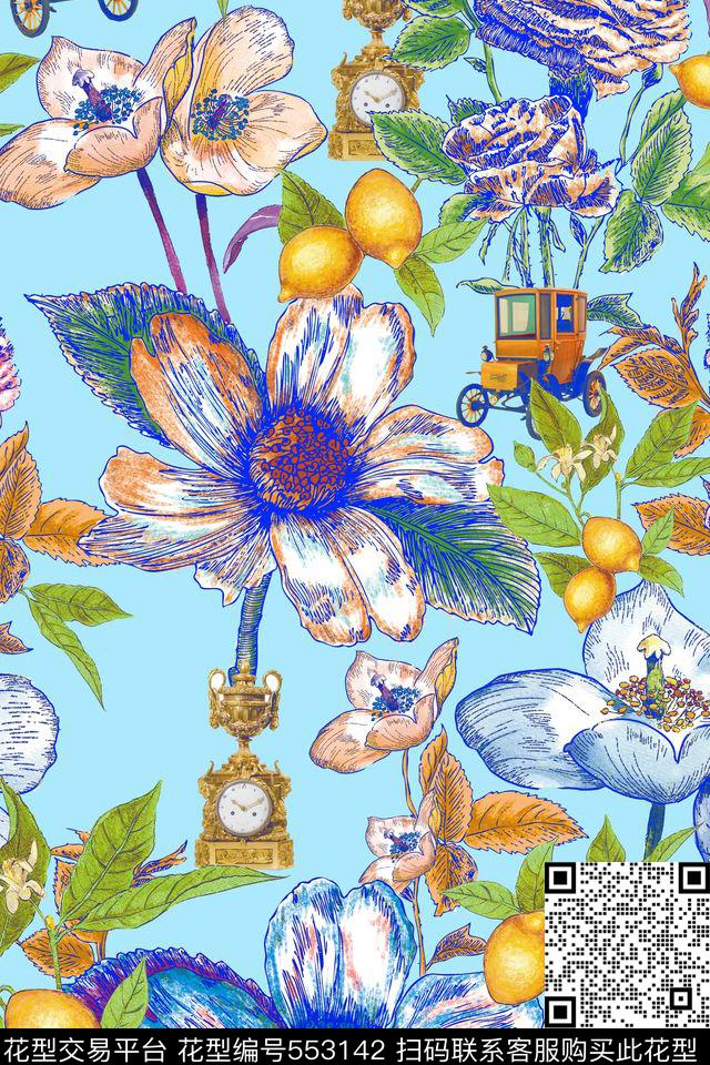 女装潮流时尚大牌手绘线描花卉数码印花华亿平台下载（图片编号: 553142） - 瓦栏（Walan）