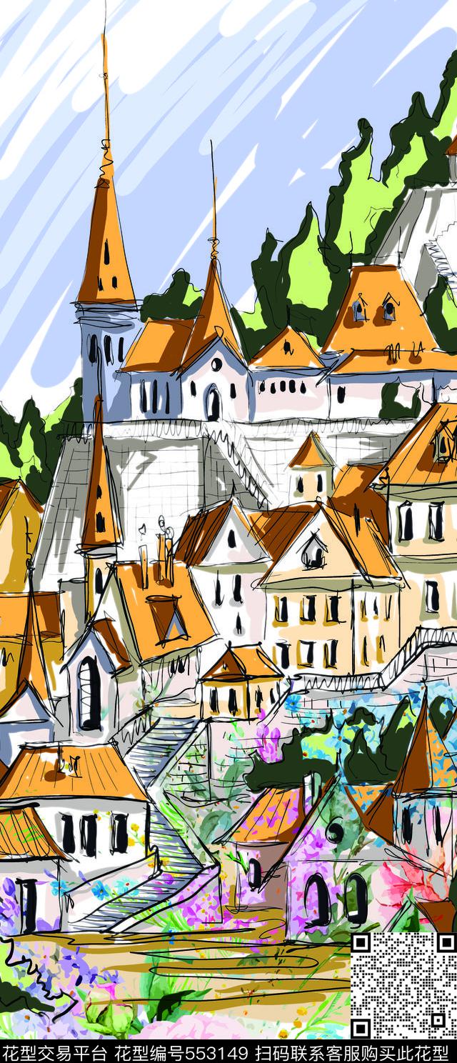 花卉城市风景传统印花华亿平台下载（图片编号: 553149） - 瓦栏（Walan）
