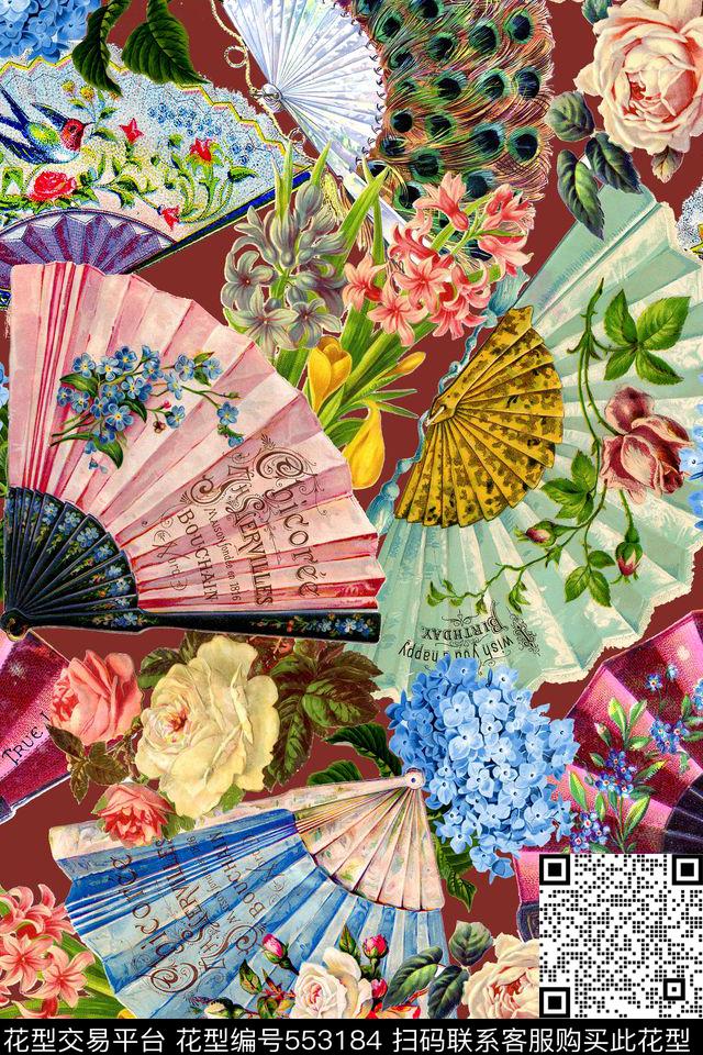 复古扇子羽毛数码印花华亿平台下载（图片编号: 553184） - 瓦栏（Walan）