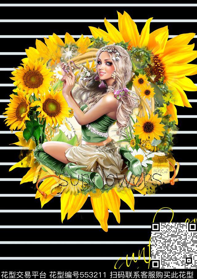 几何条纹向日葵数码印花华亿平台下载（图片编号: 553211） - 瓦栏（Walan）