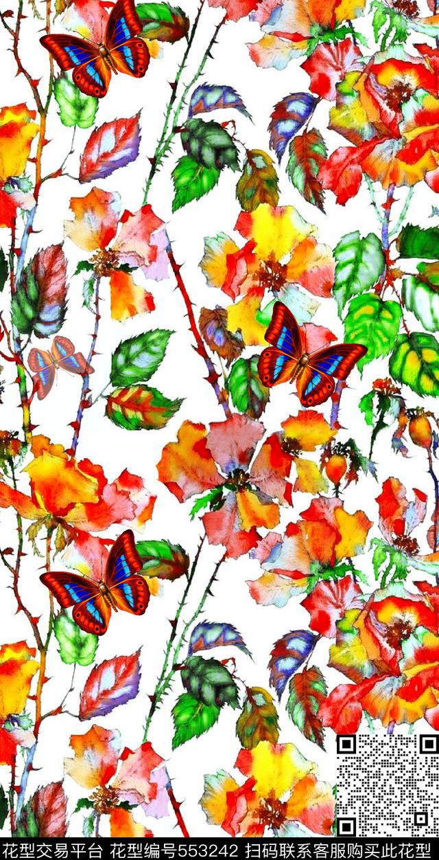 抽象手绘花蝴蝶数码印花华亿平台下载（图片编号: 553242） - 瓦栏（Walan）