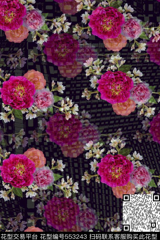抽象格子花卉数码印花华亿平台下载（图片编号: 553243） - 瓦栏（Walan）