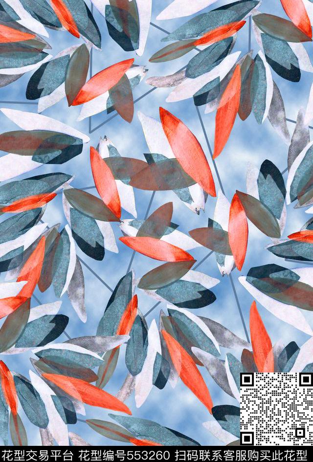 叶子水彩手绘女装数码印花华亿平台下载（图片编号: 553260） - 瓦栏（Walan）