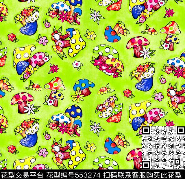 手绘卡通蘑菇童装数码印花华亿平台下载（图片编号: 553274） - 瓦栏（Walan）