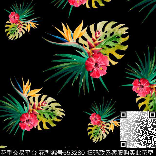芭蕉黑底热带数码印花华亿平台下载（图片编号: 553280） - 瓦栏（Walan）