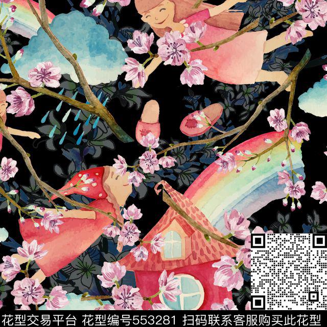 时尚黑底花卉数码印花华亿平台下载（图片编号: 553281） - 瓦栏（Walan）