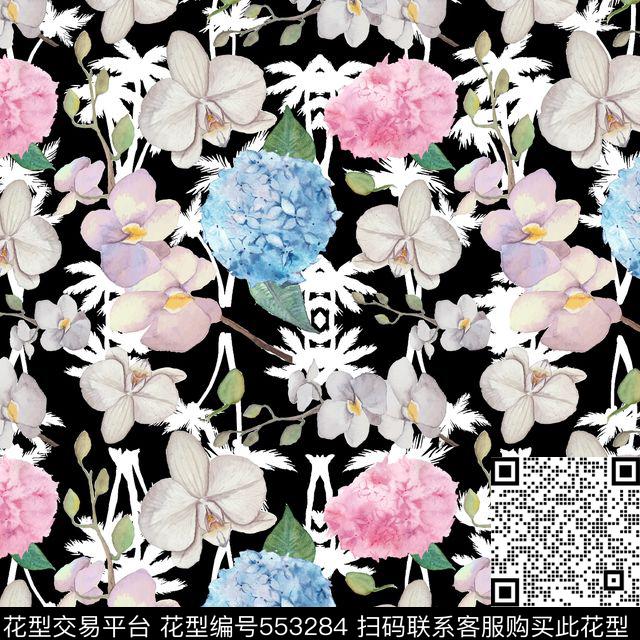 时尚黑底剪影数码印花华亿平台下载（图片编号: 553284） - 瓦栏（Walan）