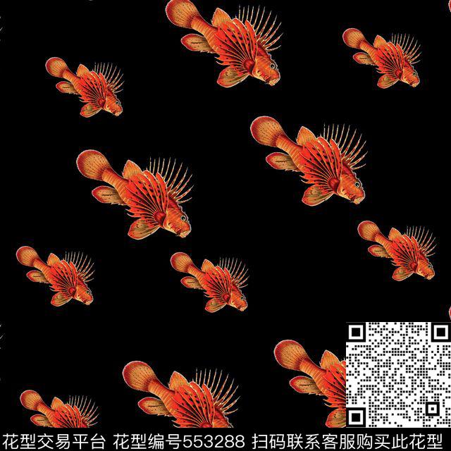 时尚黑底鱼类传统印花华亿平台下载（图片编号: 553288） - 瓦栏（Walan）