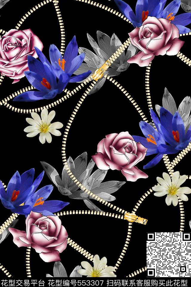 纯色底花卉拉链数码印花华亿平台下载（图片编号: 553307） - 瓦栏（Walan）