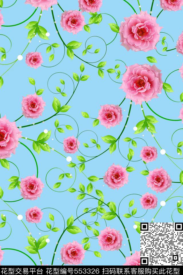 清爽蓝底绿叶小花数码印花华亿平台下载（图片编号: 553326） - 瓦栏（Walan）