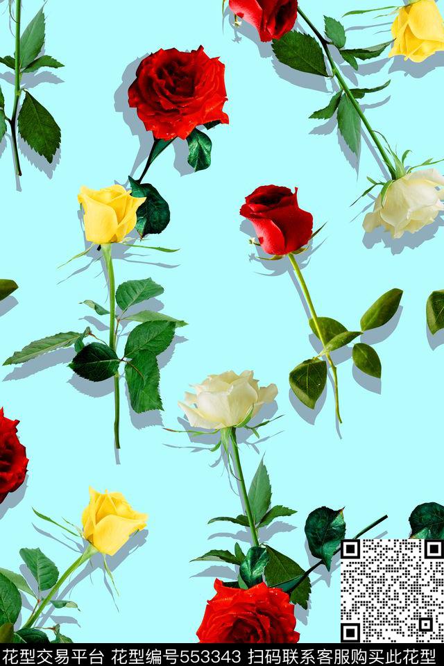 纯色底玫瑰花卉数码印花华亿平台下载（图片编号: 553343） - 瓦栏（Walan）