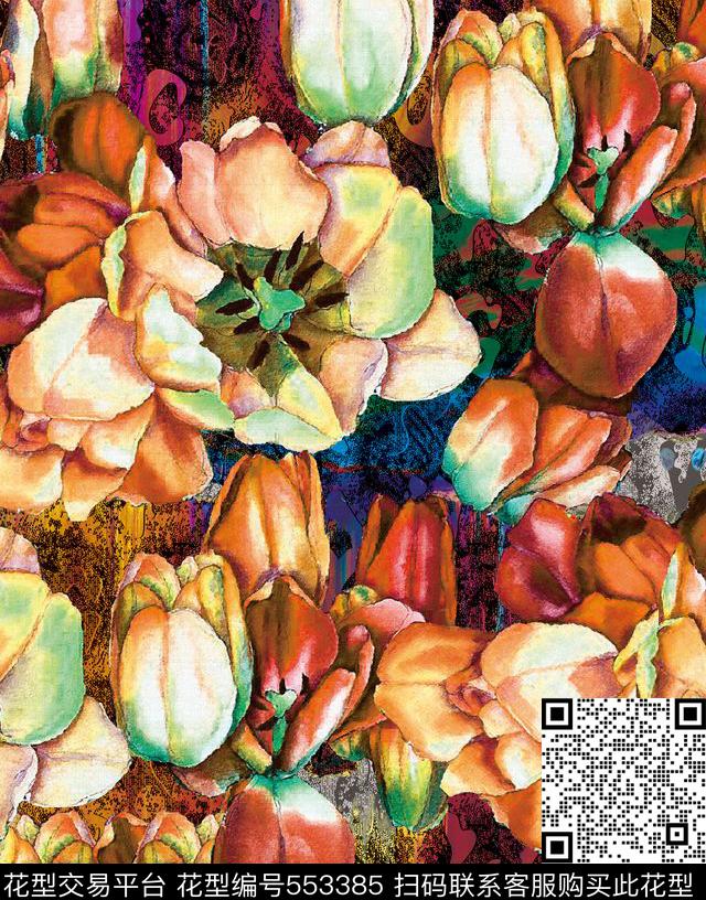 花卉潮流时尚大牌女装数码印花华亿平台下载（图片编号: 553385） - 瓦栏（Walan）