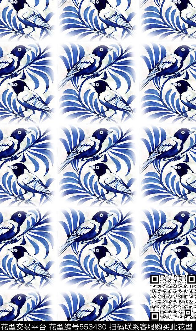 写意花鸟民族风图案青花数码印花华亿平台下载（图片编号: 553430） - 瓦栏（Walan）