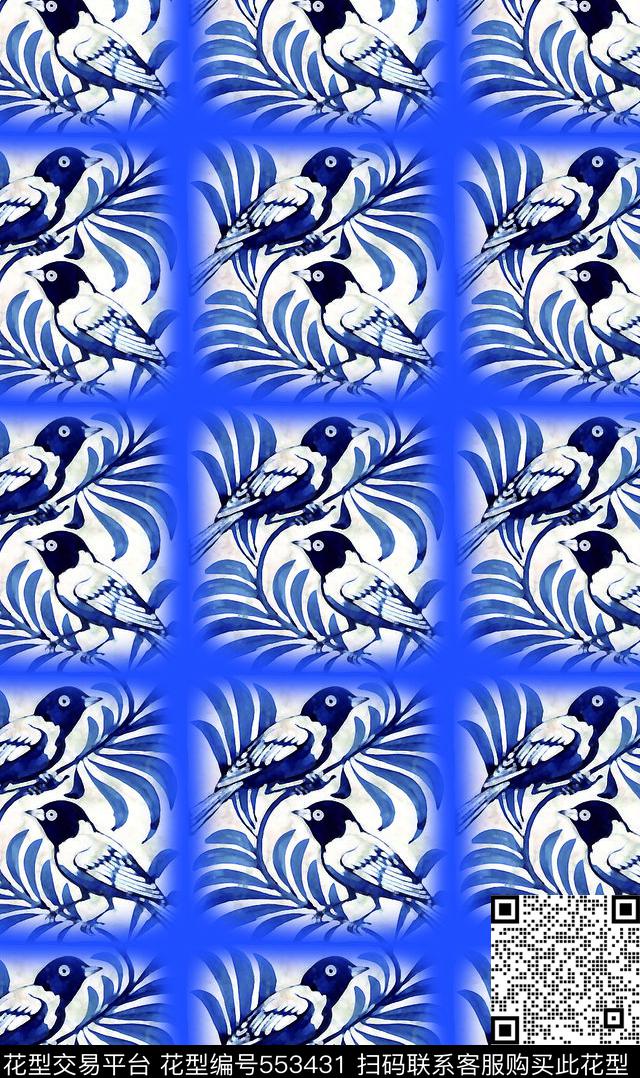 写意花鸟民族风图案青花数码印花华亿平台下载（图片编号: 553431） - 瓦栏（Walan）