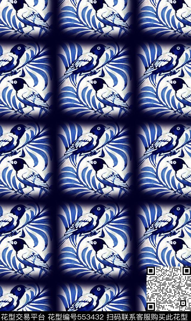 写意花鸟民族风图案青花数码印花华亿平台下载（图片编号: 553432） - 瓦栏（Walan）