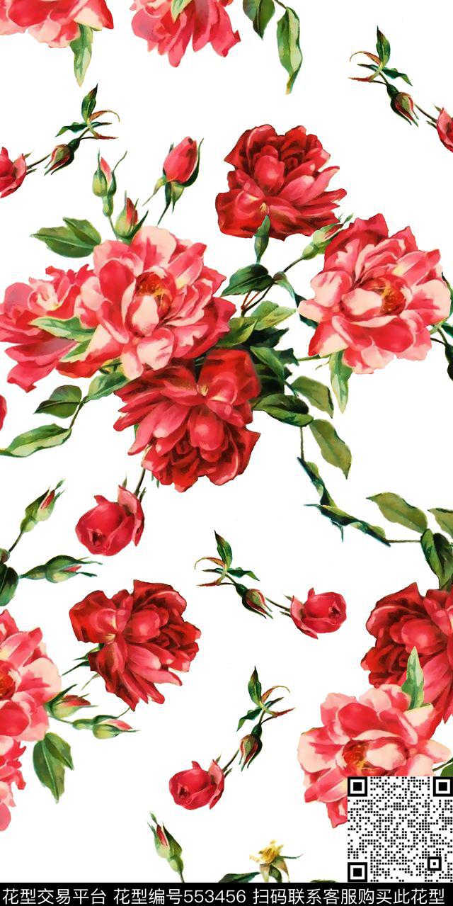 窗帘女装沙发箱包水彩花卉玫瑰花传统印花华亿平台下载（图片编号: 553456） - 瓦栏（Walan）