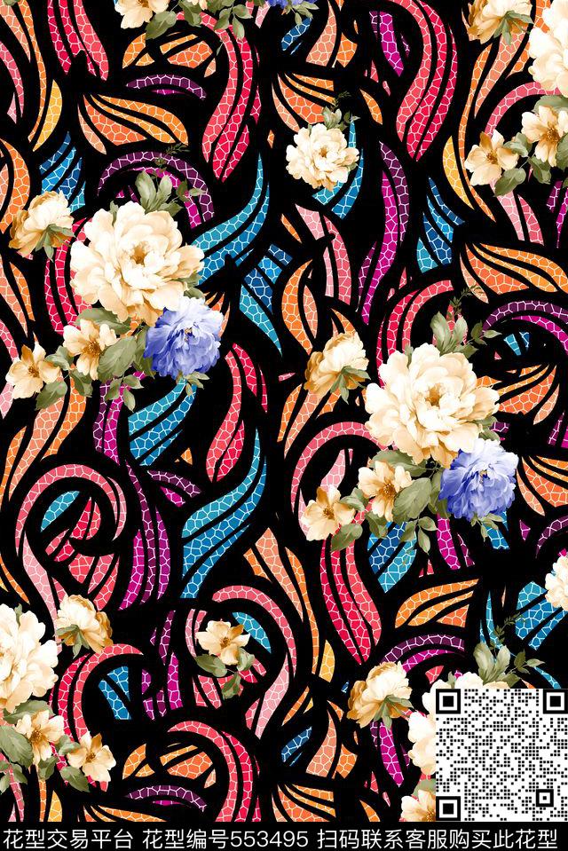 豹纹抽象花卉数码印花华亿平台下载（图片编号: 553495） - 瓦栏（Walan）