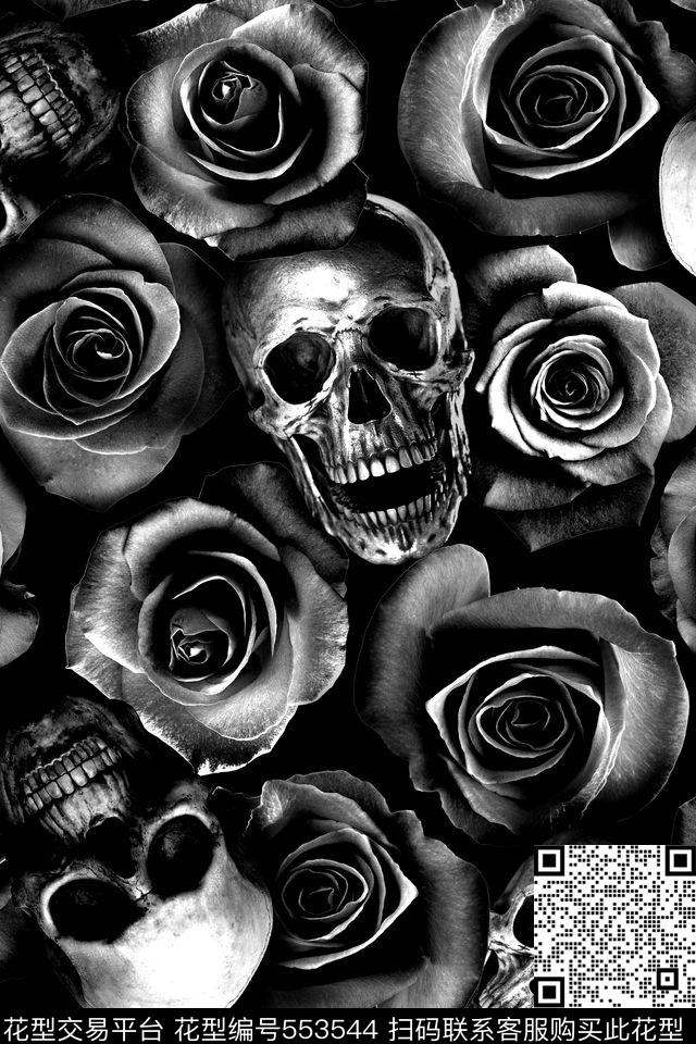 时尚骷髅头玫瑰花数码印花华亿平台下载（图片编号: 553544） - 瓦栏（Walan）