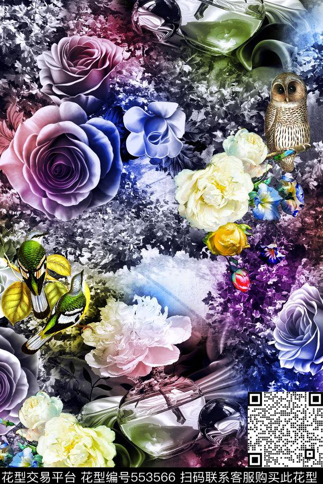 时尚花卉猫头鹰数码印花华亿平台下载（图片编号: 553566） - 瓦栏（Walan）
