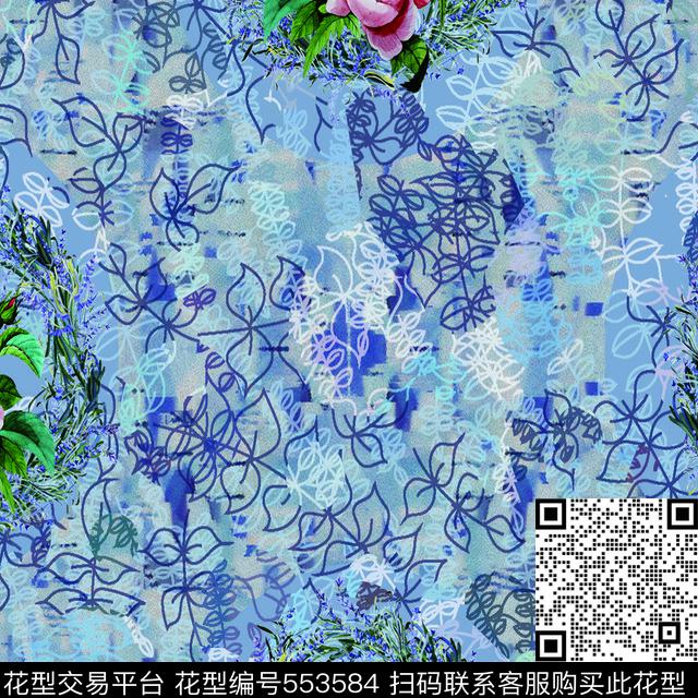 手绘原创时尚花卉数码印花华亿平台下载（图片编号: 553584） - 瓦栏（Walan）
