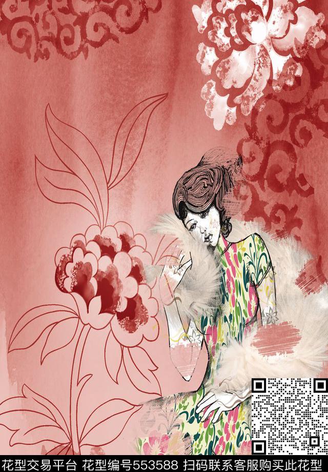 抽像花人物数码印花华亿平台下载（图片编号: 553588） - 瓦栏（Walan）