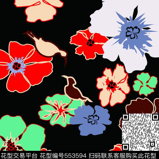 手绘花鸟组合原创时尚传统印花华亿平台下载（图片编号: 553594） - 瓦栏（Walan）