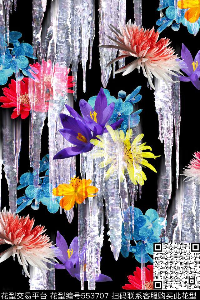 花卉冰花纯色底散花数码印花华亿平台下载（图片编号: 553707） - 瓦栏（Walan）