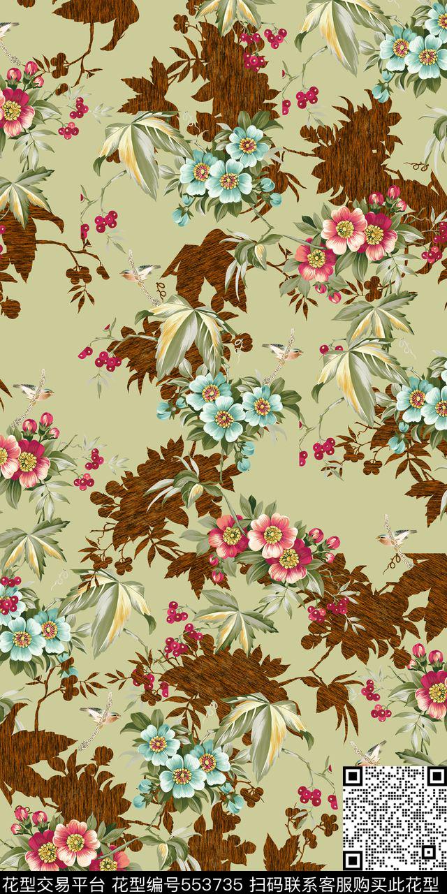 中国风手绘花卉数码印花华亿平台下载（图片编号: 553735） - 瓦栏（Walan）