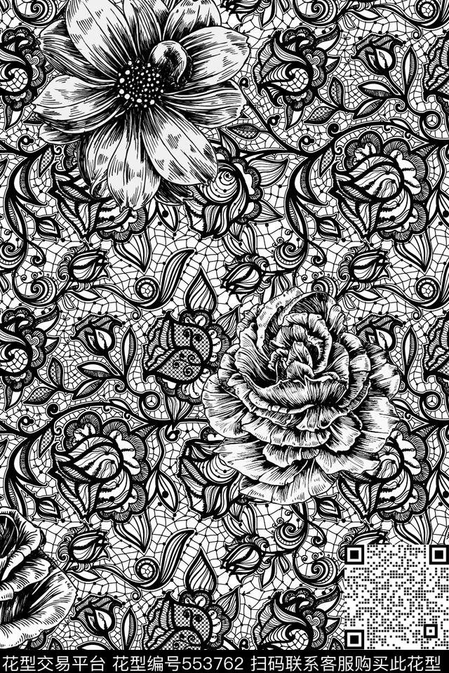 复古黑白阴阳玫瑰花卉蕾丝传统印花华亿平台下载（图片编号: 553762） - 瓦栏（Walan）