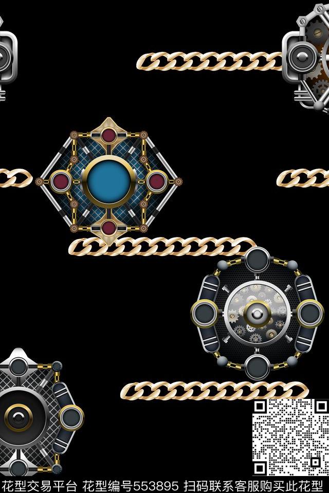 复古机械几何链条原创时尚潮流数码印花华亿平台下载（图片编号: 553895） - 瓦栏（Walan）