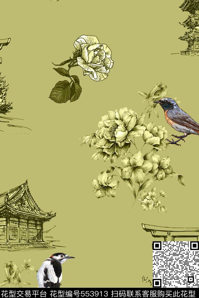 钢笔速写鸟绘画建筑休闲风数码印花华亿平台下载（图片编号: 553913） - 瓦栏（Walan）