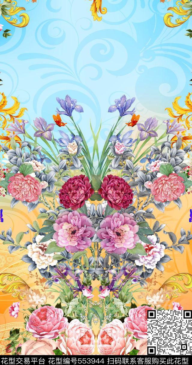 定位对称花卉数码印花华亿平台下载（图片编号: 553944） - 瓦栏（Walan）
