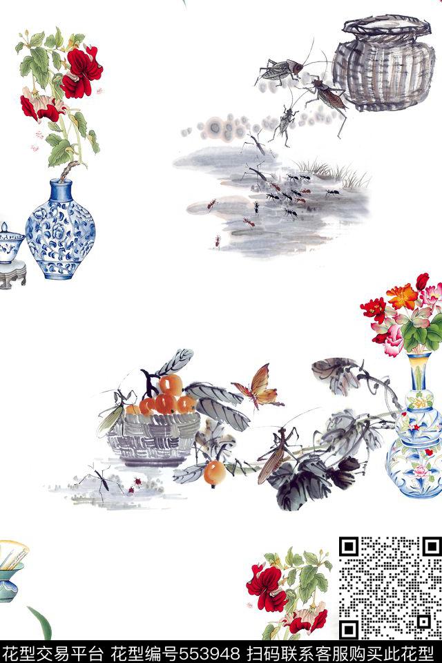 中国风花卉花瓶花草虫数码印花华亿平台下载（图片编号: 553948） - 瓦栏（Walan）