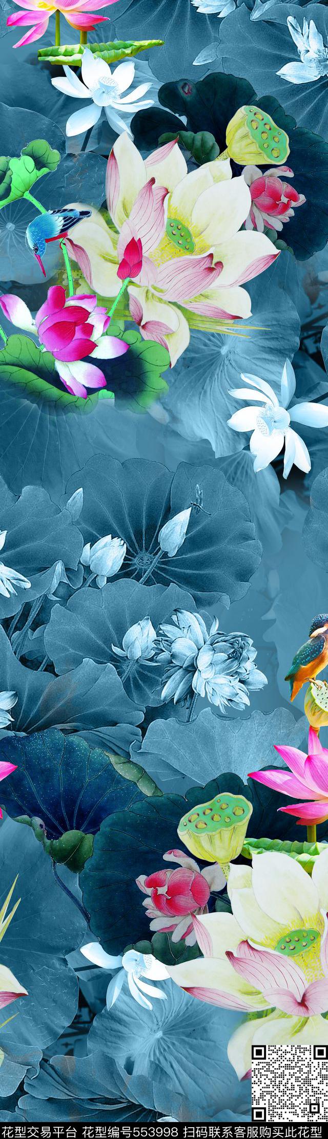 中国风双边定位花卉荷花数码印花华亿平台下载（图片编号: 553998） - 瓦栏（Walan）