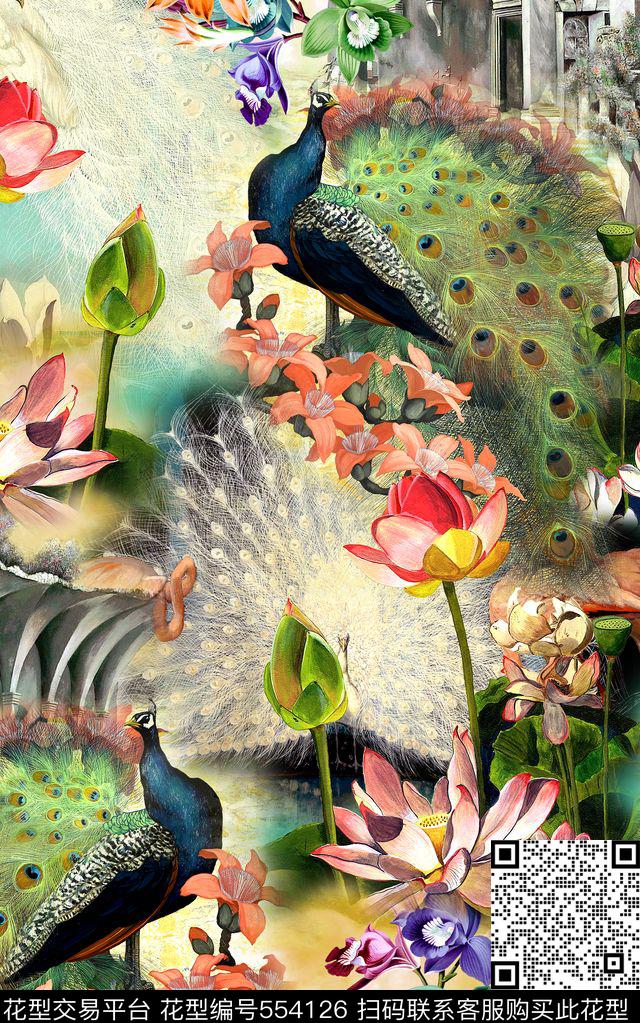 欧式复古孔雀数码印花华亿平台下载（图片编号: 554126） - 瓦栏（Walan）