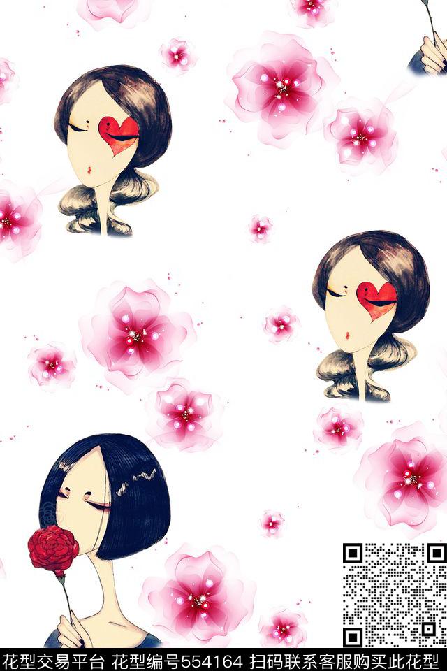 插画少女花朵玫瑰数码印花华亿平台下载（图片编号: 554164） - 瓦栏（Walan）