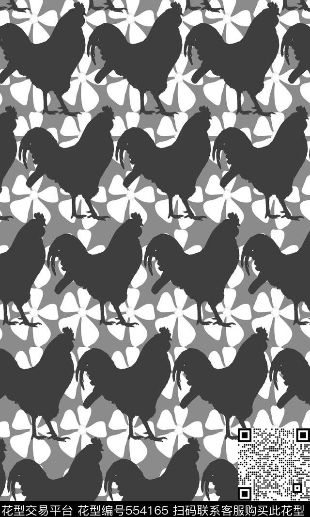 中性风简约花卉公鸡纹样传统印花华亿平台下载（图片编号: 554165） - 瓦栏（Walan）