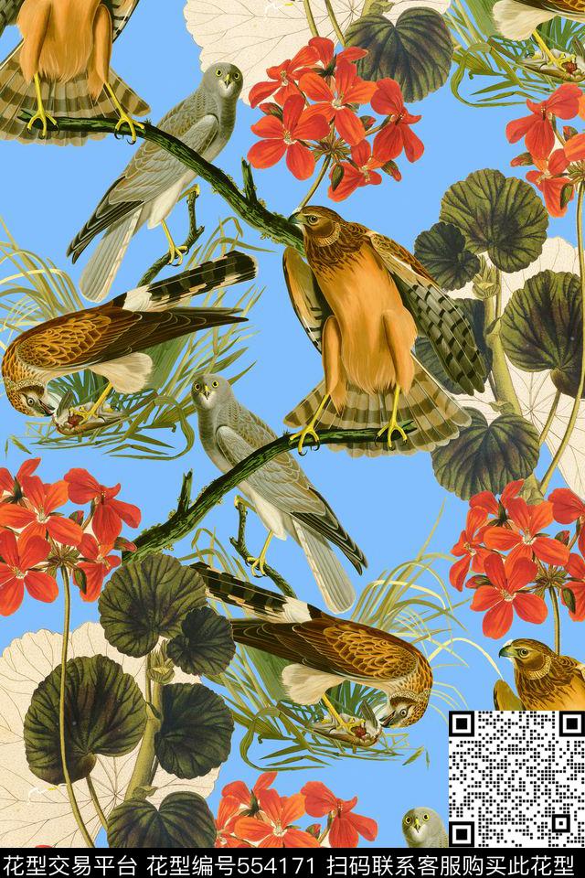 潮流时尚大牌手绘油画花卉复古鸟类数码印花华亿平台下载（图片编号: 554171） - 瓦栏（Walan）