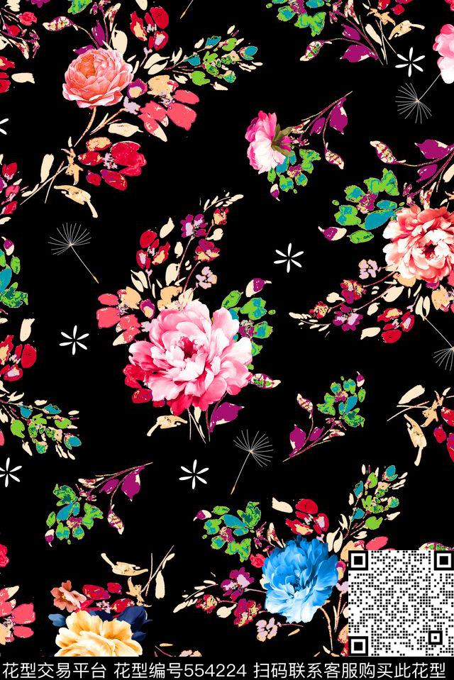 手绘花卉蒲公英数码印花华亿平台下载（图片编号: 554224） - 瓦栏（Walan）