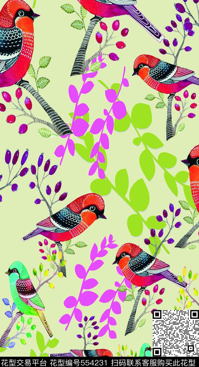 鸟昆虫图案多色花鸟传统印花华亿平台下载（图片编号: 554231） - 瓦栏（Walan）