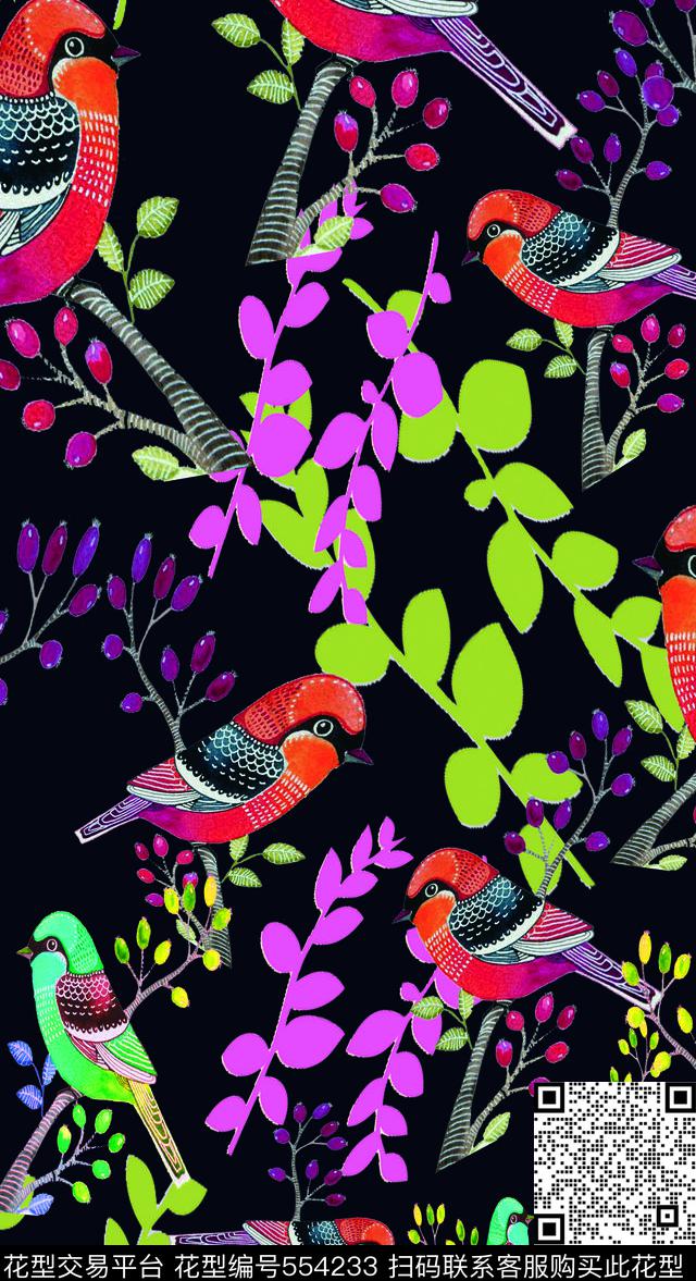 鸟昆虫图案多色花鸟传统印花华亿平台下载（图片编号: 554233） - 瓦栏（Walan）