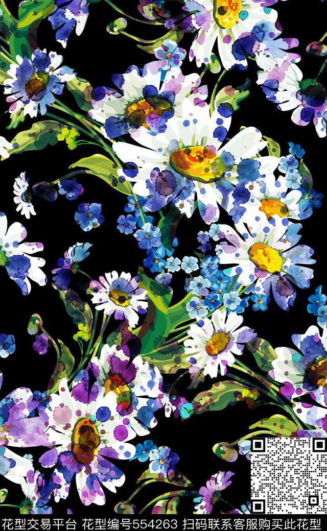 白色大花女装连衣裙数码印花数码印花华亿平台下载（图片编号: 554263） - 瓦栏（Walan）