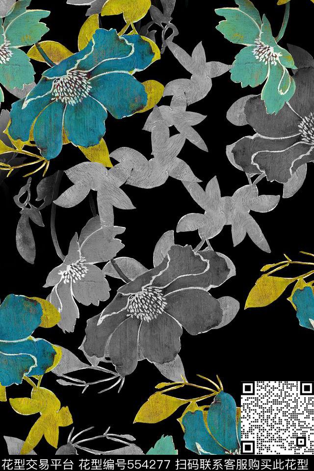 时尚抽象大气手绘花朵大气时尚数码印花华亿平台下载（图片编号: 554277） - 瓦栏（Walan）