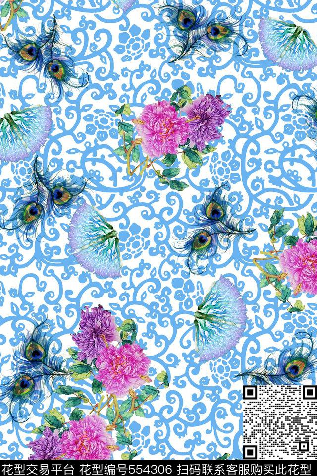 素雅旗袍花卉扇子羽毛现代中国风数码印花华亿平台下载（图片编号: 554306） - 瓦栏（Walan）