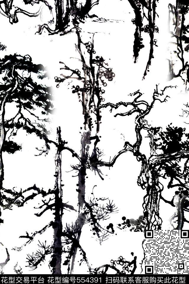中国风抽象水墨树枝国画大牌数码印花华亿平台下载（图片编号: 554391） - 瓦栏（Walan）